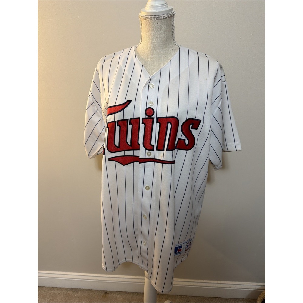 VTG Russell Athletic Men's White Stripped MN Twins Jersey Size XL Sewn On MLB